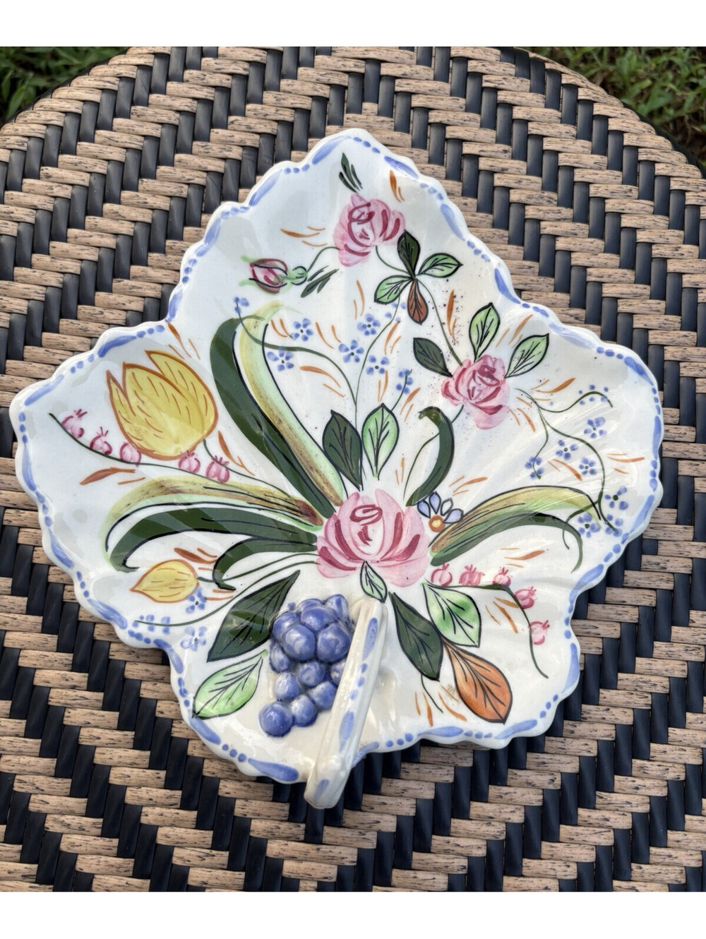 Blue Ridge Hand Painted Leaf-Shaped Floral Ceramic Plate, 10 in Multicolor